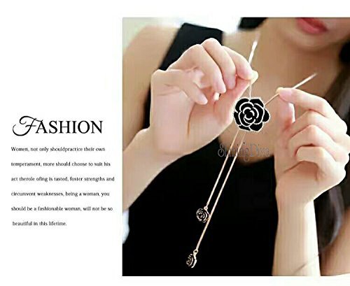 Atrangin Droplet Fashion Long Chain Black Crystal Rose Flower Pendant Necklace for Women and Girls