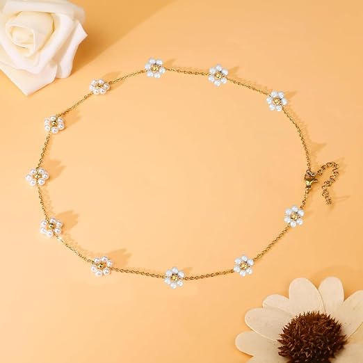 SERENOVA® Pearl Necklace for Women & Girls – Gold Plated Stainless Steel Chain with Elegant Flower Pendant and Gift Box