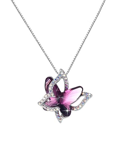 ferka Crystal Shiny 3D Effect Butterfly Chain Pendant Necklace for Women and Girls