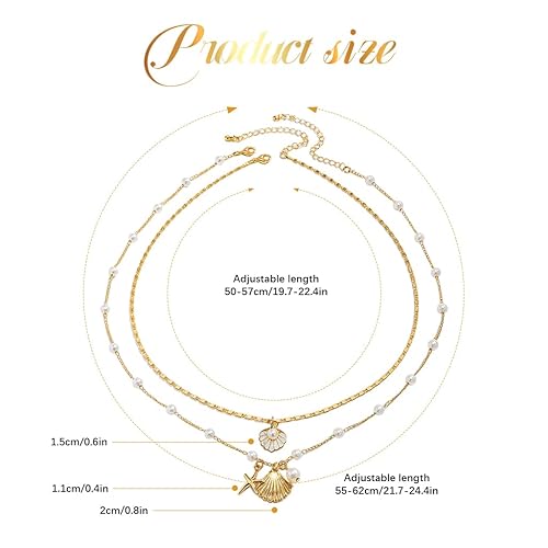 BellANA® Necklace for Women Girls – 2Pcs Boho Gold Seashell Pendant Necklaces with Layered Pearl & Starfish Charm
