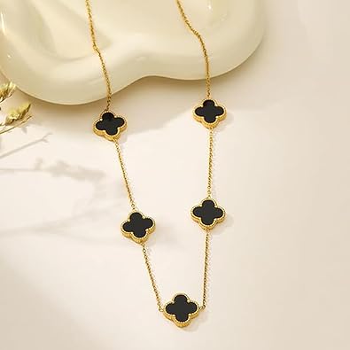 Ornavia Women & Girls Elegant Gold Plated Black Clover Necklace – Luxury Designer-Inspired Pendant Chain with Four-Leaf Motif