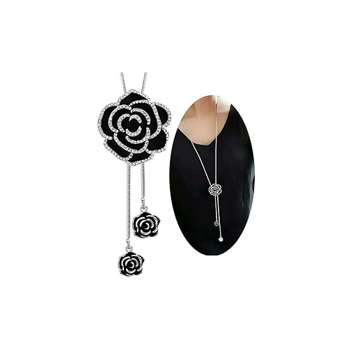 Atrangin Droplet Fashion Long Chain Black Crystal Rose Flower Pendant Necklace for Women and Girls