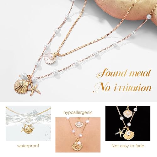 BellANA® Necklace for Women Girls – 2Pcs Boho Gold Seashell Pendant Necklaces with Layered Pearl & Starfish Charm