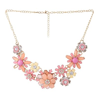 Yuvoria Necklace for Women Gold-Toned Pink Floral Design Crystal Necklace for Women and Girls