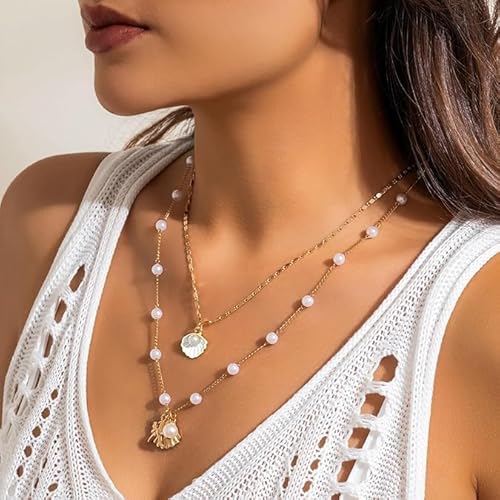 BellANA® Necklace for Women Girls – 2Pcs Boho Gold Seashell Pendant Necklaces with Layered Pearl & Starfish Charm