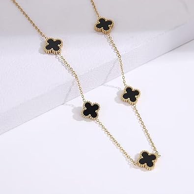 Ornavia Women & Girls Elegant Gold Plated Black Clover Necklace – Luxury Designer-Inspired Pendant Chain with Four-Leaf Motif