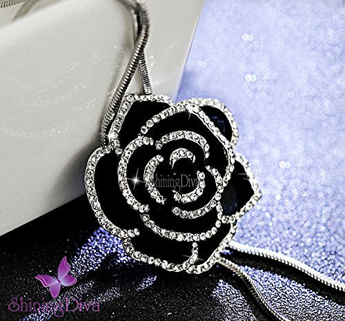 Atrangin Droplet Fashion Long Chain Black Crystal Rose Flower Pendant Necklace for Women and Girls