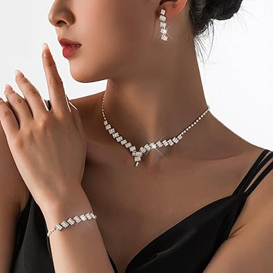 YUVIZA 3 Pcs Trendy AD Necklace Set Combo for Girls & Women | Matching Pearl Earrings & Bracelet