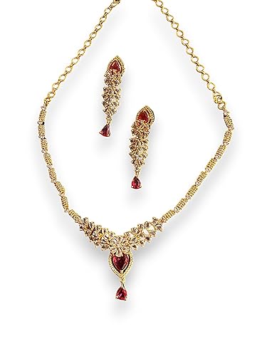 Glamorise Gold-Plated Red & Gold Cubic Zirconia Studded Handcrafted Necklace