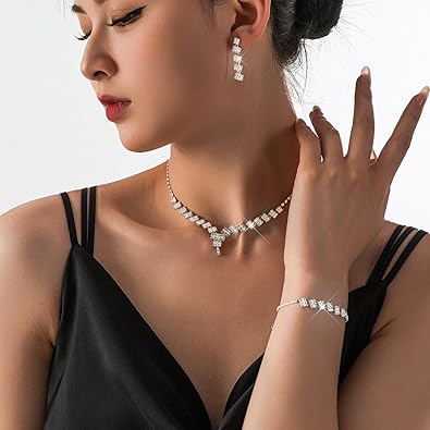 YUVIZA 3 Pcs Trendy AD Necklace Set Combo for Girls & Women | Matching Pearl Earrings & Bracelet