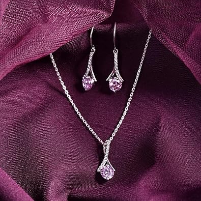 Celestara 925 Sterling Silver Pink Solitaire Pendant Earring Chain Jewellery Set | Rhodium Plated, Swiss Zirconia | Gift for Women & Girls