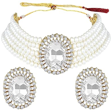 Jovencia Gold Plated Traditional Stone Studded Pearl Choker Necklace Jewellery Set For Women/Girls