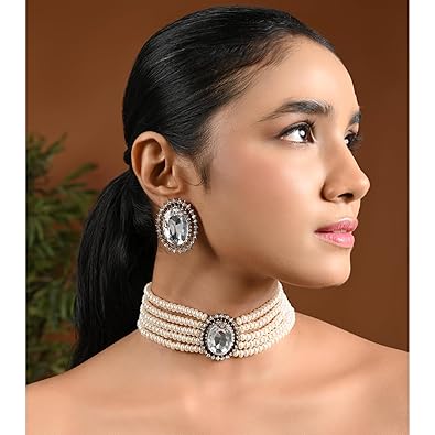 Jovencia Gold Plated Traditional Stone Studded Pearl Choker Necklace Jewellery Set For Women/Girls