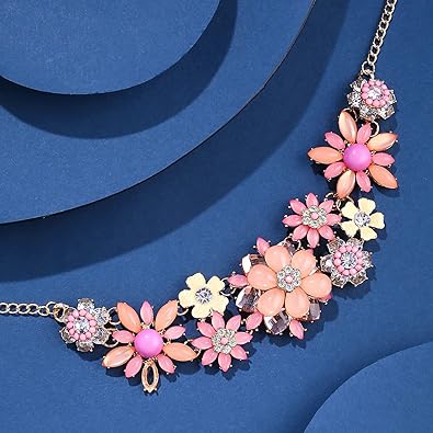Yuvoria Necklace for Women Gold-Toned Pink Floral Design Crystal Necklace for Women and Girls