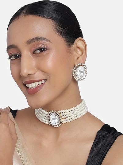 Jovencia Gold Plated Traditional Stone Studded Pearl Choker Necklace Jewellery Set For Women/Girls