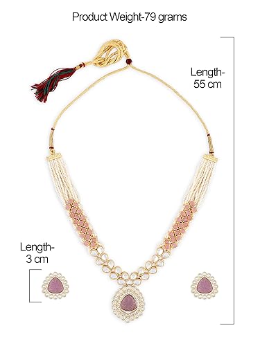 ZYNORA Pink Purple Stones Embellished Kundan Necklace, Earring & Ring Set for Women