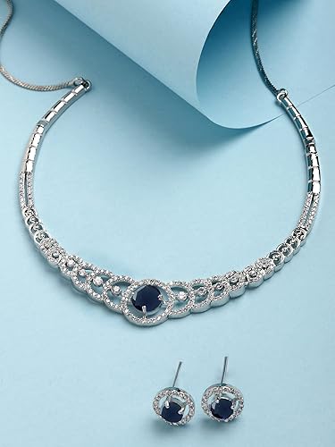 Klymora Silver Tone Pink American Diamond Necklace Set