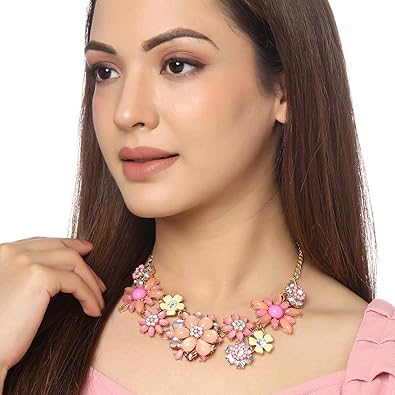 Yuvoria Necklace for Women Gold-Toned Pink Floral Design Crystal Necklace for Women and Girls