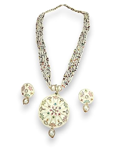 Ravanta White Enameled Multicolor Beaded Necklace with Mandala Pendant and Pearl Drop Earrings