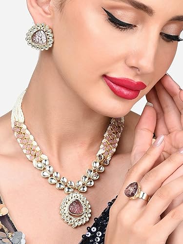 ZYNORA Pink Purple Stones Embellished Kundan Necklace, Earring & Ring Set for Women