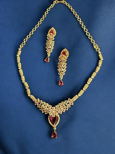 Glamorise Gold-Plated Red & Gold Cubic Zirconia Studded Handcrafted Necklace