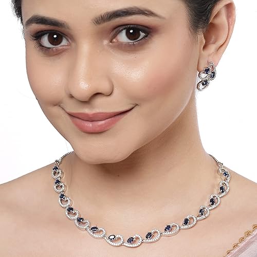 FOPIROSE Rhodium-Plated with Silver-Toned White Cubic Zirconia & American Diamond Studded Necklace and Drop Earrings Jewellery Set for Women