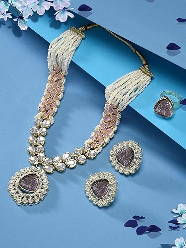 ZYNORA Pink Purple Stones Embellished Kundan Necklace, Earring & Ring Set for Women