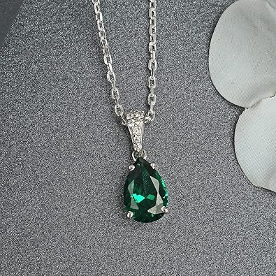 Celestique 925 Sterling Silver Dark Green Tear Drop Pendant Earring Chain Jewellery Set
