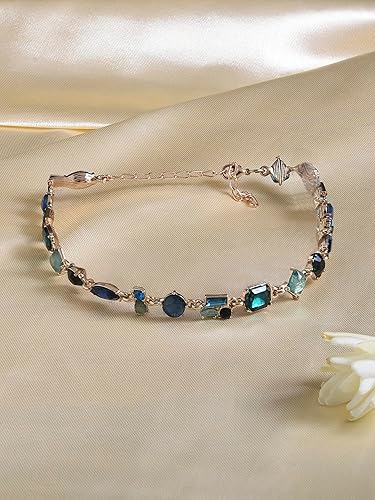 ZYNORA PEARLS Green & Blue Dazzling Stones Embellished Contemporary Necklace for Women