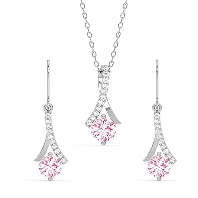 Celestara 925 Sterling Silver Pink Solitaire Pendant Earring Chain Jewellery Set | Rhodium Plated, Swiss Zirconia | Gift for Women & Girls