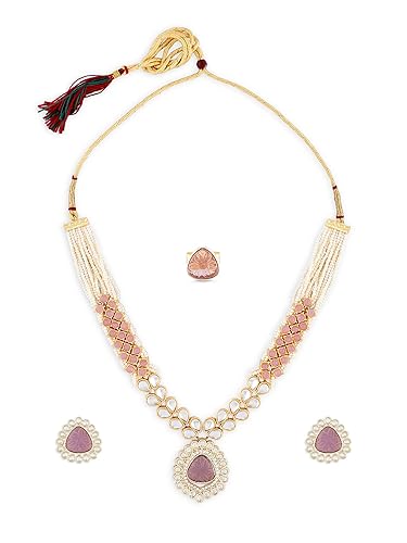 ZYNORA Pink Purple Stones Embellished Kundan Necklace, Earring & Ring Set for Women