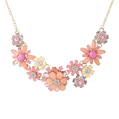 Yuvoria Necklace for Women Gold-Toned Pink Floral Design Crystal Necklace for Women and Girls