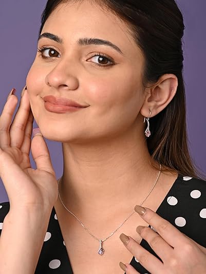 Celestara 925 Sterling Silver Pink Solitaire Pendant Earring Chain Jewellery Set | Rhodium Plated, Swiss Zirconia | Gift for Women & Girls
