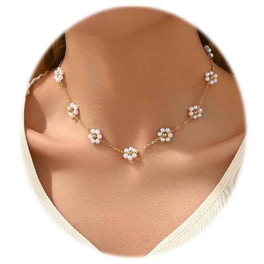 SERENOVA® Pearl Necklace for Women & Girls – Gold Plated Stainless Steel Chain with Elegant Flower Pendant and Gift Box