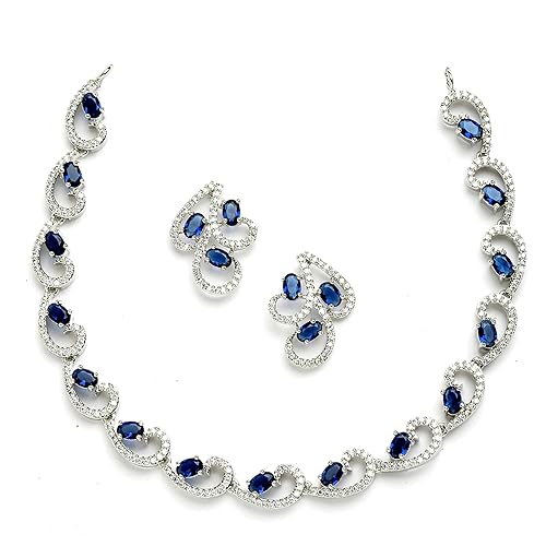 FOPIROSE Rhodium-Plated with Silver-Toned White Cubic Zirconia & American Diamond Studded Necklace and Drop Earrings Jewellery Set for Women