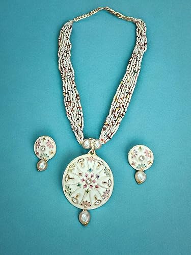 Ravanta White Enameled Multicolor Beaded Necklace with Mandala Pendant and Pearl Drop Earrings
