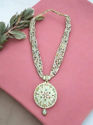 Ravanta White Enameled Multicolor Beaded Necklace with Mandala Pendant and Pearl Drop Earrings