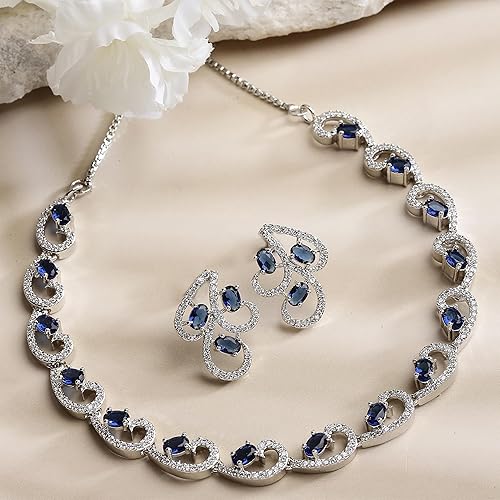 FOPIROSE Rhodium-Plated with Silver-Toned White Cubic Zirconia & American Diamond Studded Necklace and Drop Earrings Jewellery Set for Women